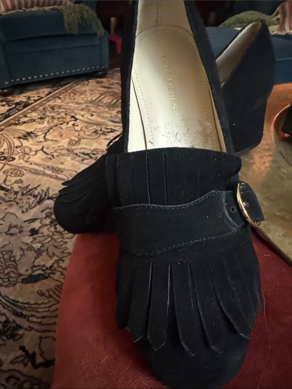 Marc Fisher Black Suede Fringed Loafers with Gold Buckle